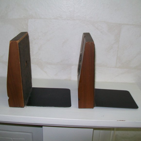 Pair Vintage Bookends Wood Metal Copper - Picture 3 of 5